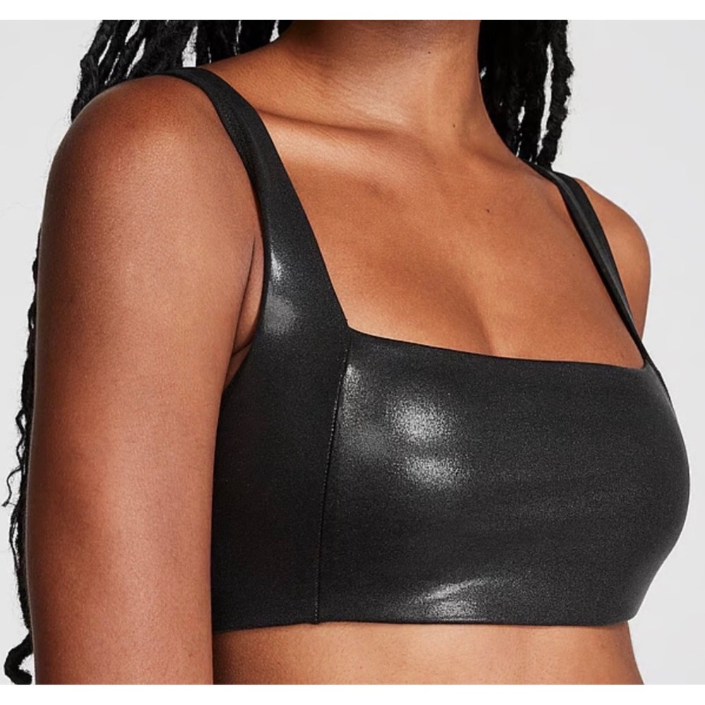 Pink Active Ultimate Metallic Black Sports Bra Square Neck Cutout Back XS NEW